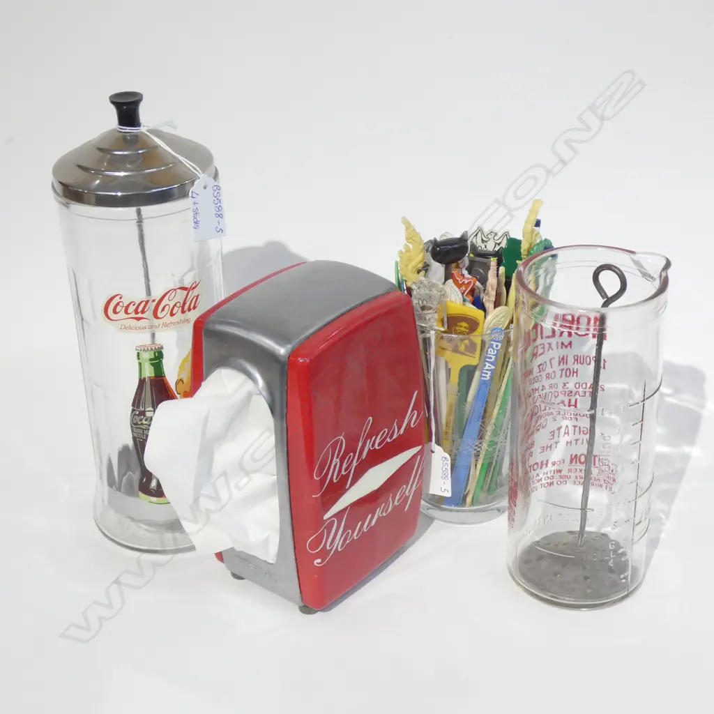VINTAGE STRAW HOLDER / COCA COLA SERVIETTE HOLDER / SWIZZLE STICKS & HORLICK MIXER Image 1++