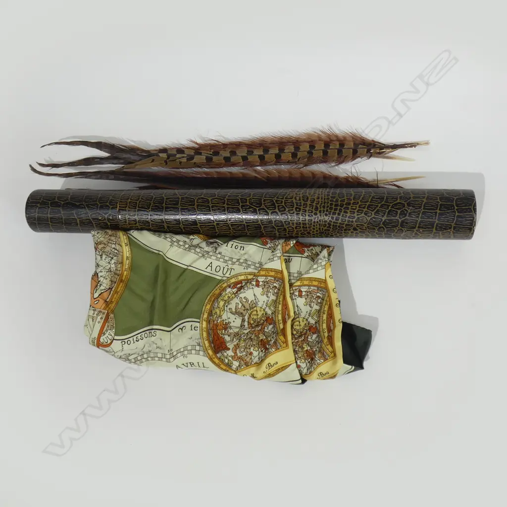 LANCEL FRENCH SILK SCARF (ORIGINAL PACKAGING) & CASE OF PHEASANT FEATHERS  Image 1++
