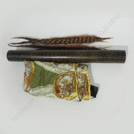 LANCEL FRENCH SILK SCARF (ORIGINAL PACKAGING) & CASE OF PHEASANT FEATHERS 