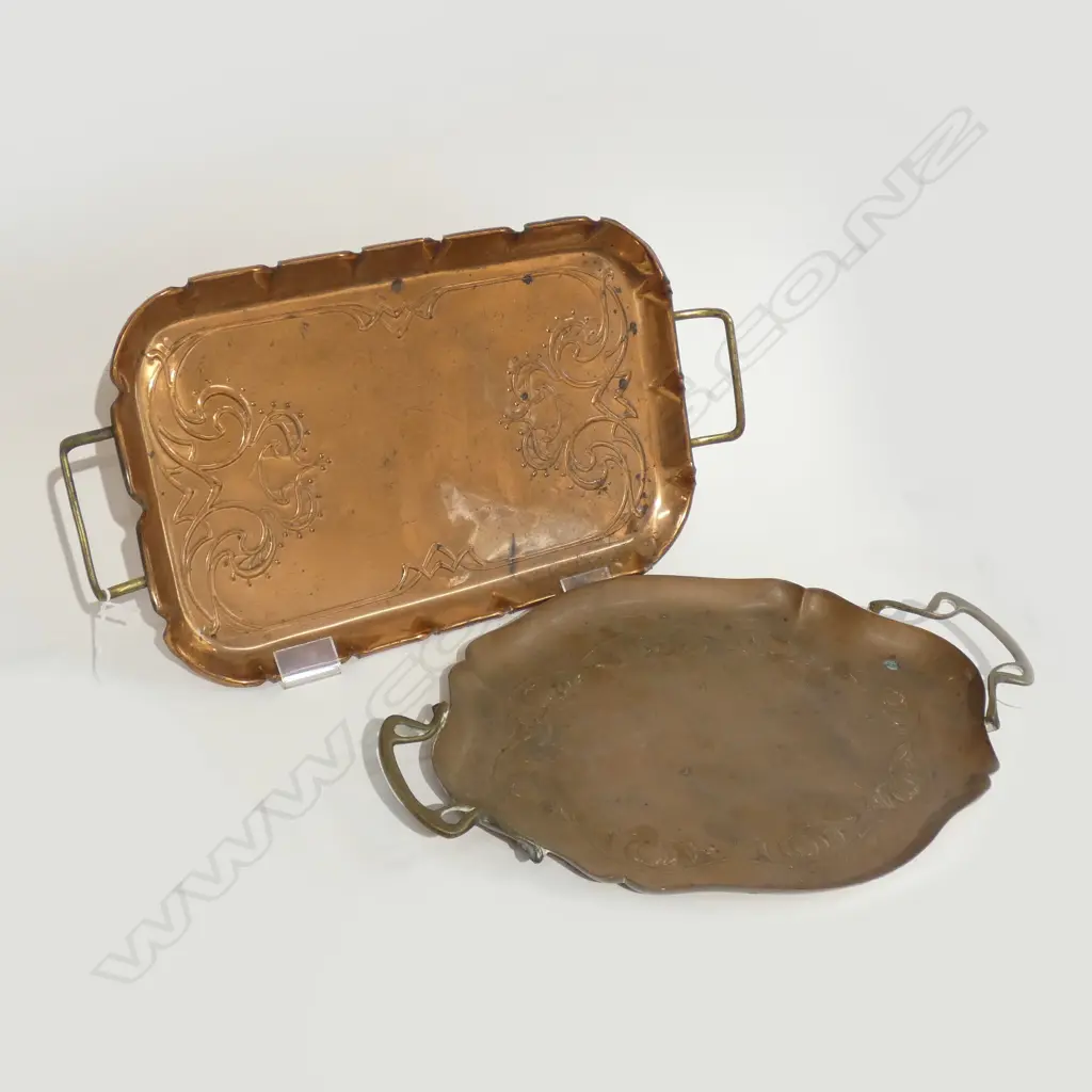 TWO ART NOUVEAU COPPER TRAYS BY JS AND S ENGLAND L460 MM Image 1++