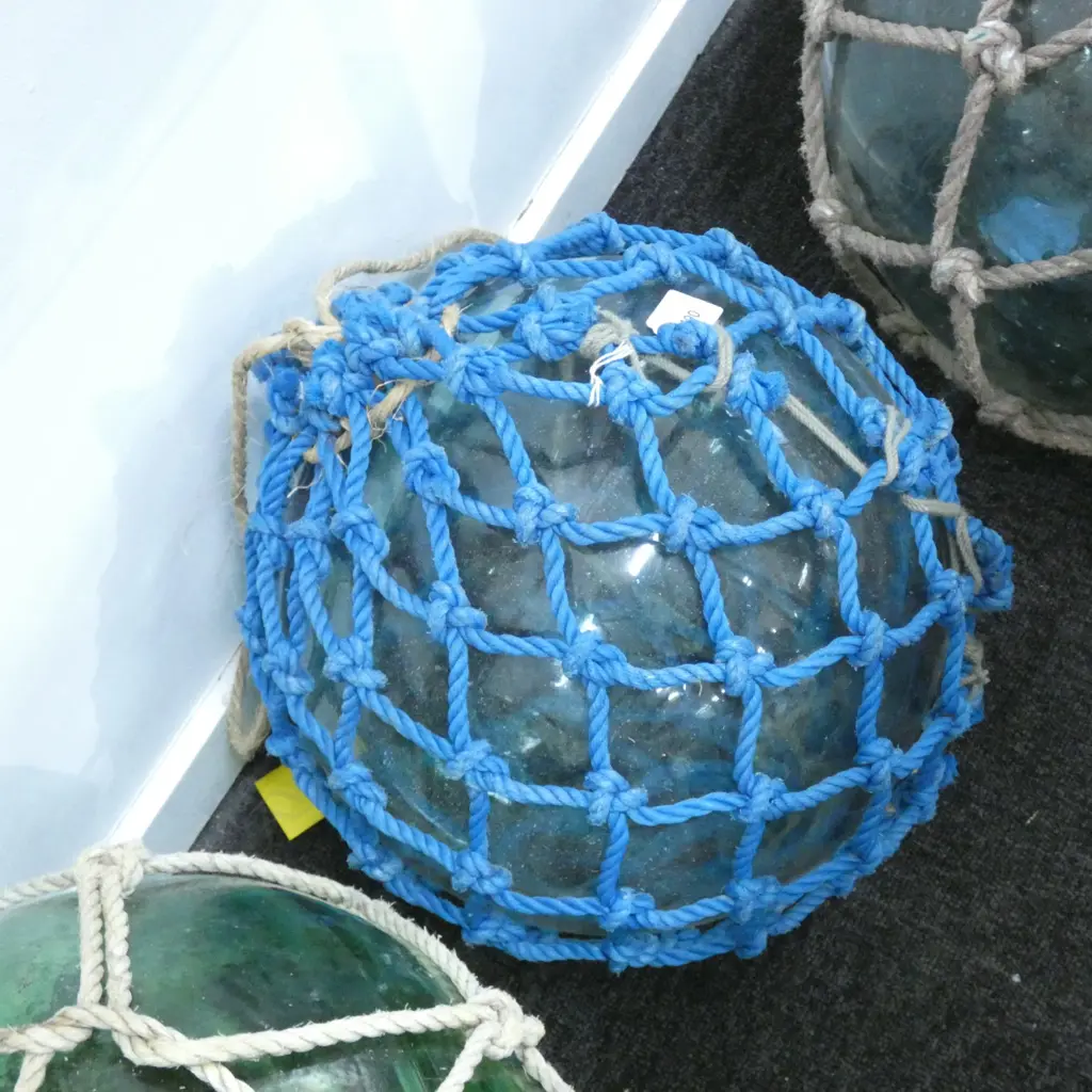 OLD HAND BLOWN FISHING FLOAT w. BLUE NETTING 320mm dia Image 1++