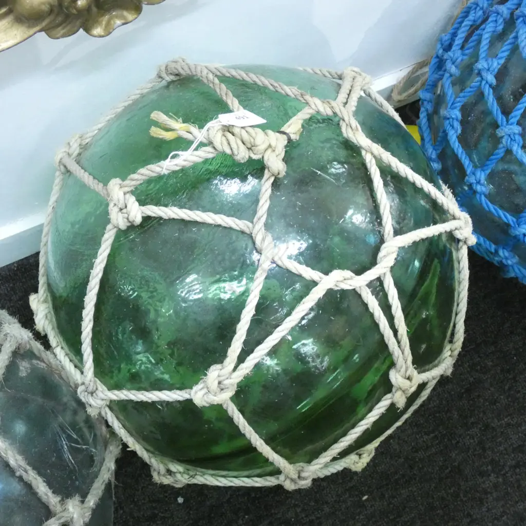 OLD HAND BLOWN FISHING FLOAT w NETTING 400mm dia Image 1++