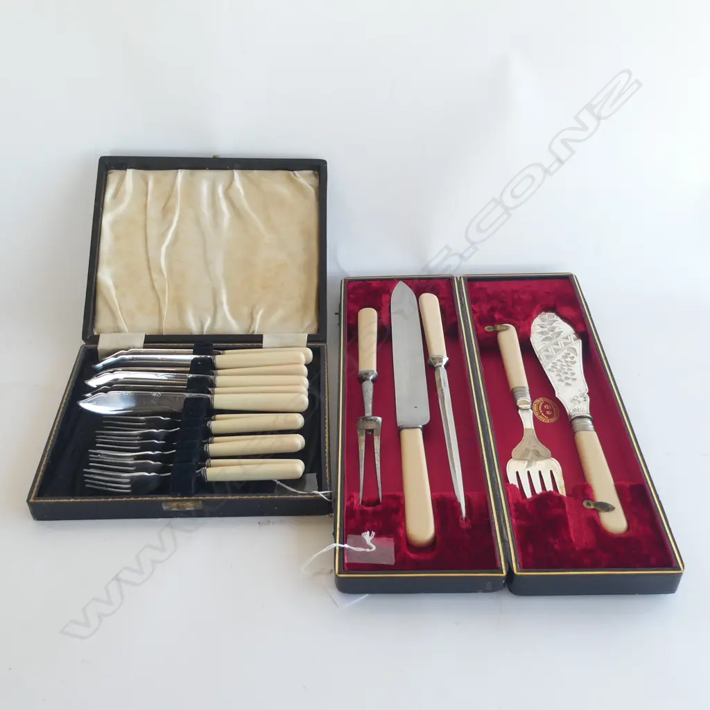 VINTAGE BOXED FAUX BONE HANDLED CUTLERY; 12 PC FISH SET & 5 PC CARVING & FISH SERVERS SET Image 1++