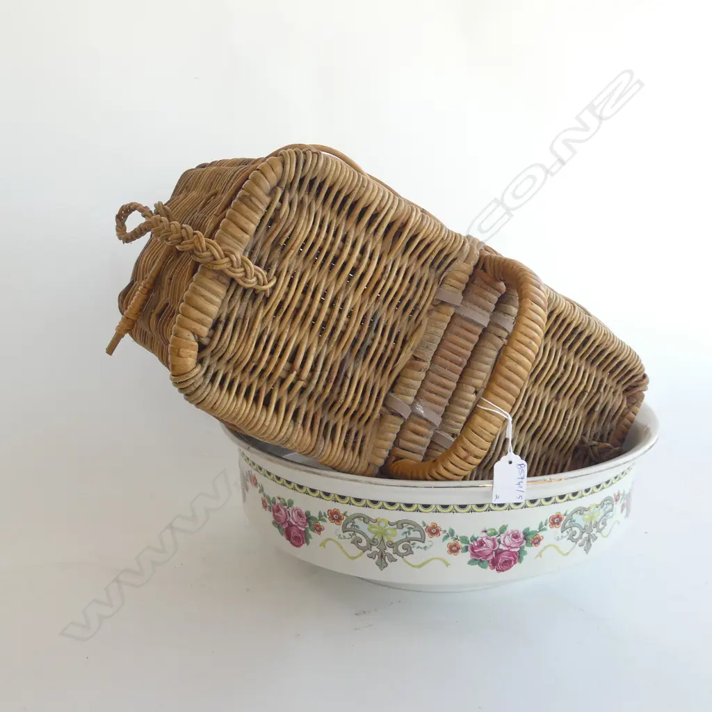 LARGE VINTAGE WASH BOWL 390mm dia + CANE BASKET  Image 1++