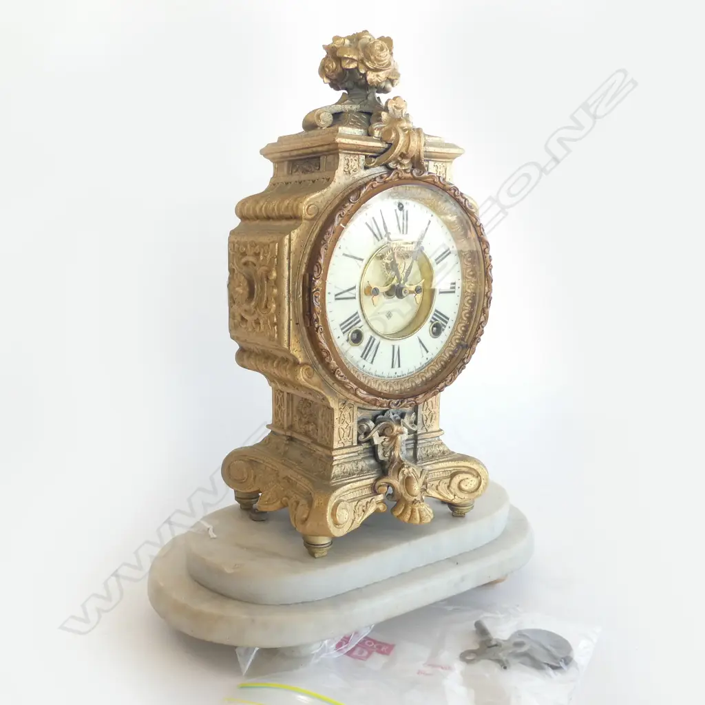 GOLD GILT EUROPEAN MANTLE CLOCK ON WHITE STEPPED MARBLE BASE H.400  L310MM   WITH KEY  Image 1++