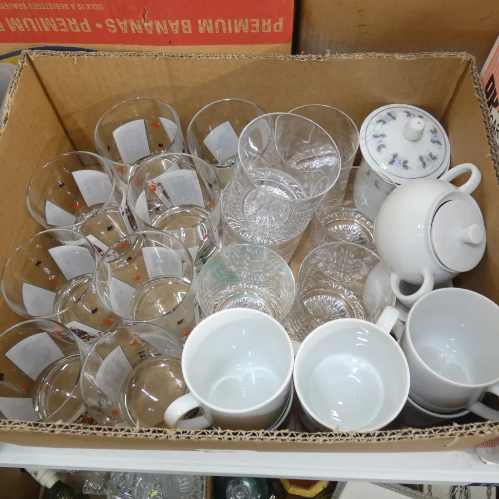 BOX ASST CARD THEMED GLASSES / ARZBERG WHITE TEA SET ETC.. Image 1++