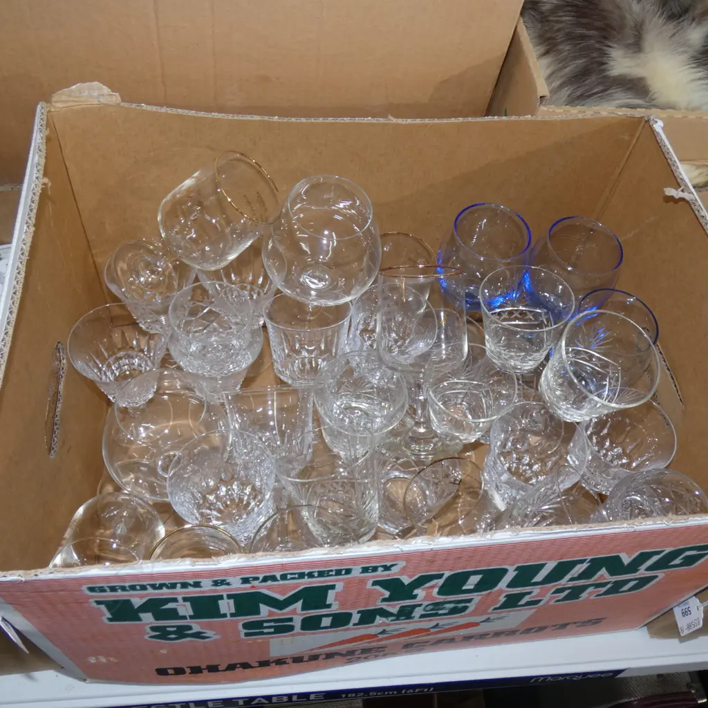 BIG BOX LOT ASST GLASSES; CRYSTAL & GLASS WINE ETC.. Image 1++