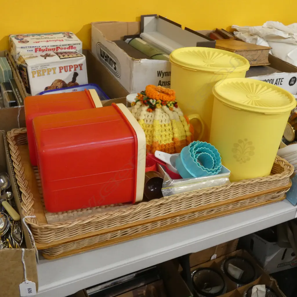 2 RETRO TRAYS + CONTENTS INCL TUPPERWARE ETC.. Image 1++