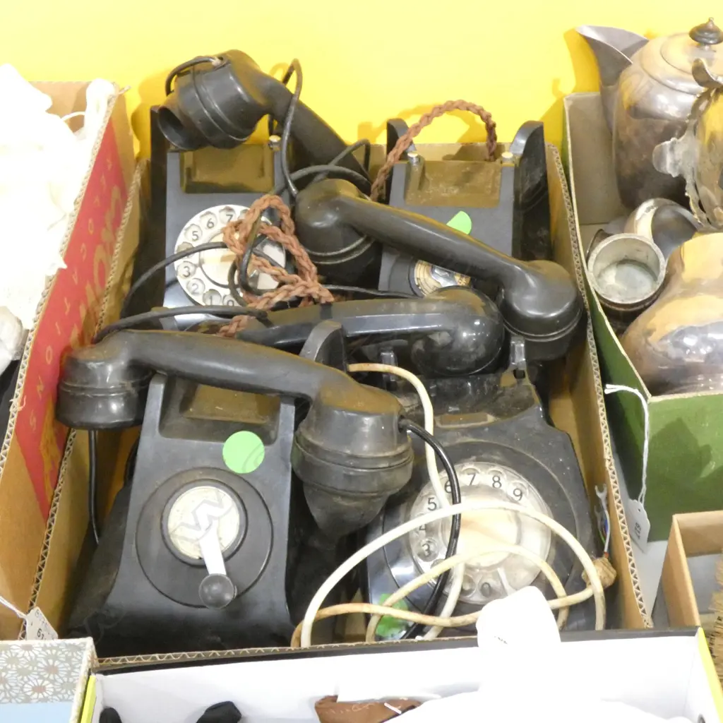 BOX OF 4 OLD BLACK TELEPHONES; 3 BAKELITE Image 1++