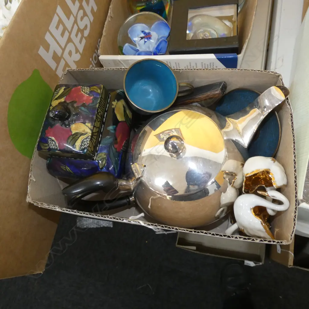 BOX OF ASST: SILVER PLATE TEAPOT/LIMOGE ETC Image 1++