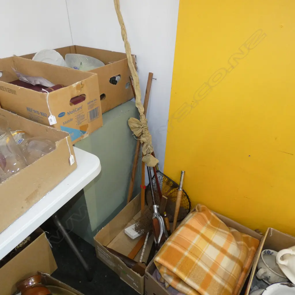 BOX LOT; FISHING POLE  & NET / SEWING MEASURING RODS / GOLFERS CHAIR ETC.. Image 1++