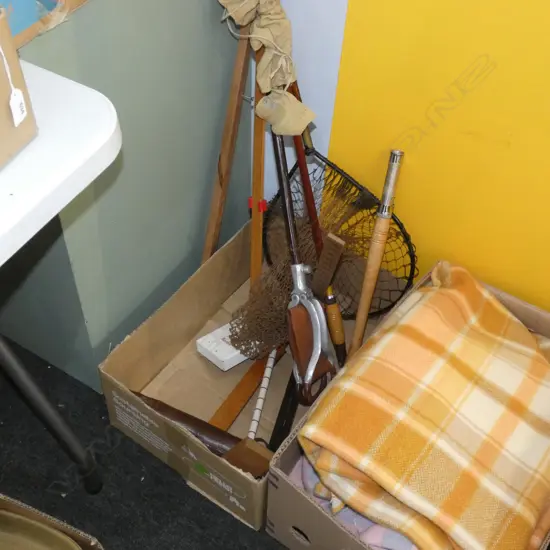 BOX LOT; FISHING POLE  & NET / SEWING MEASURING RODS / GOLFERS CHAIR ETC..
