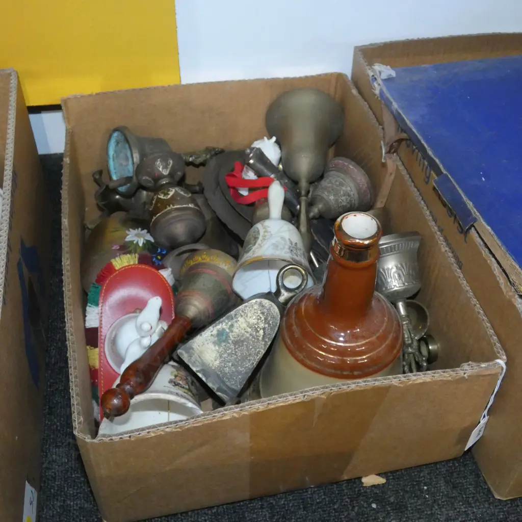 BIG BOX LOT ASST BELLS; BRASS / PORCELAIN ETC.. PLUS VASES  Image 1++