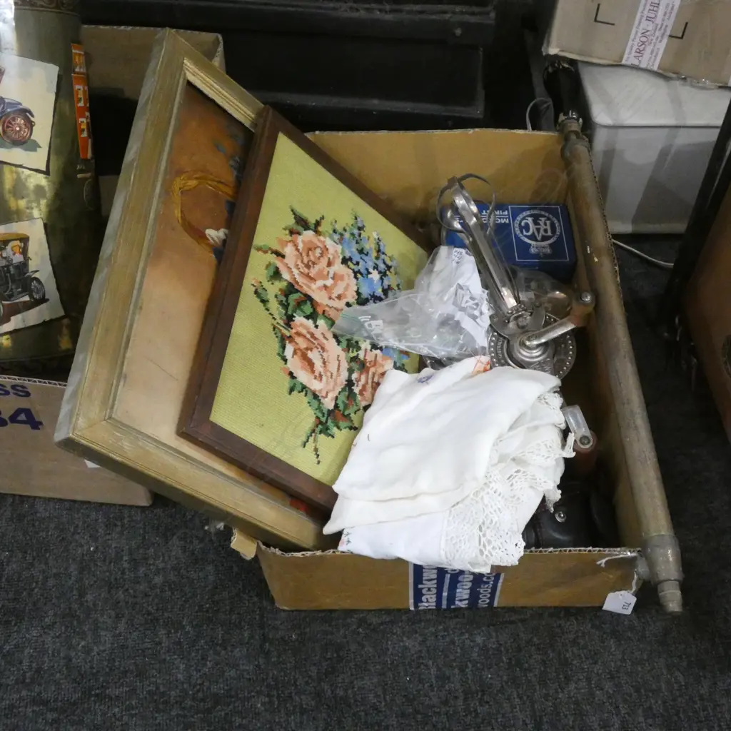 BOX ASST; OLD BRASS PUMP / LINEN / KITCHENALIA / CAMERA/ TAPESTRY ETC. Image 1++