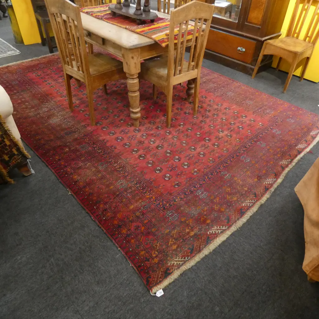 LARGE RED TURKOMAN RUG  2360  X 3400MM SOME FADING Image 1++
