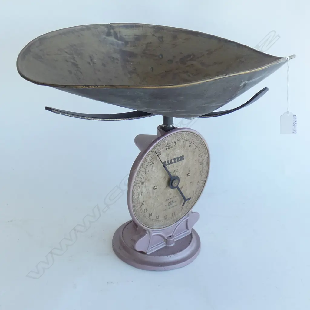 VINTAGE PINK METALLIC SALTER SCALES W LG BRASS TRAY  H370MM Image 1++
