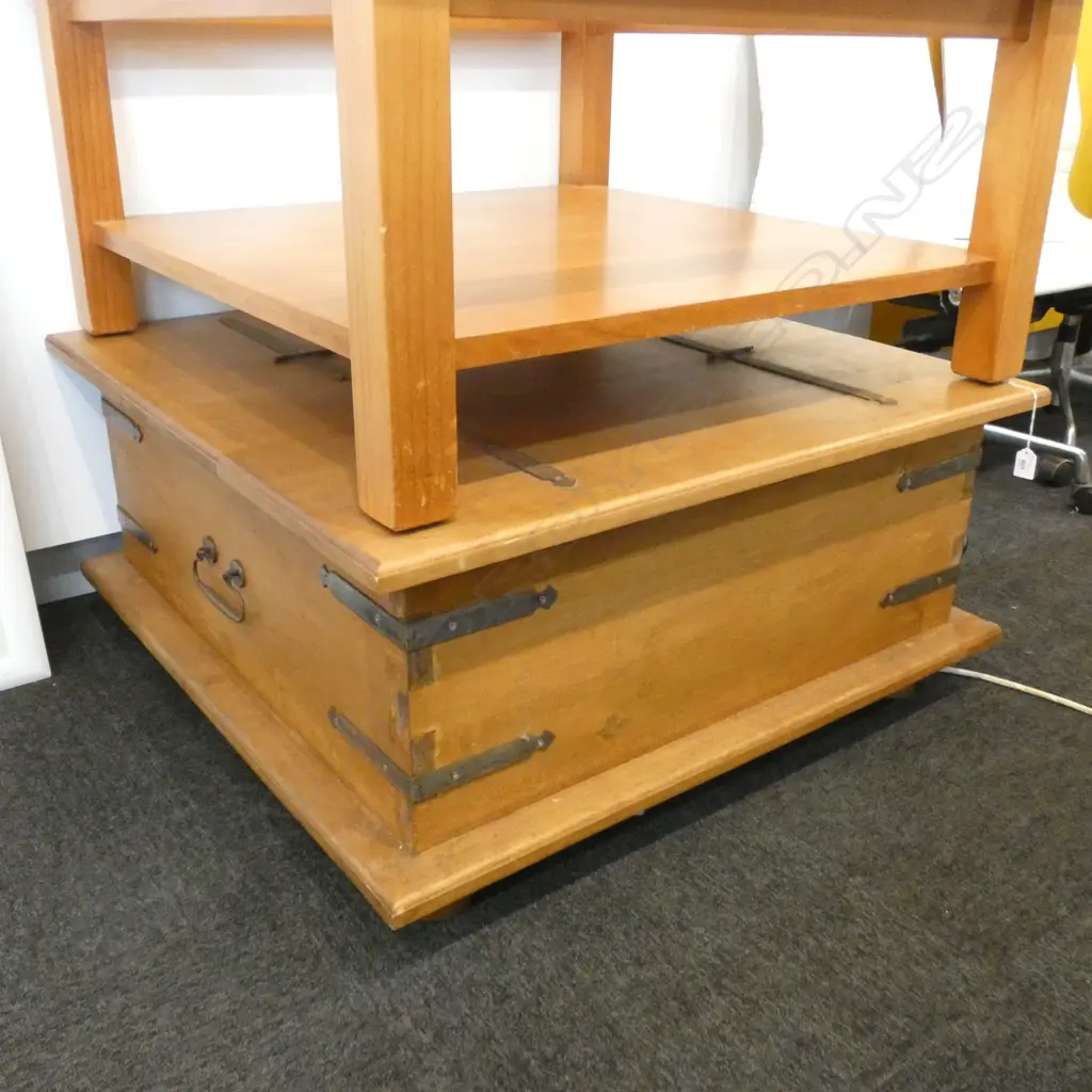 AN OAKCOFFEE TABLE WITH 2 HINGED LIDSIRON BOUND 890  MMSQ Image 1++