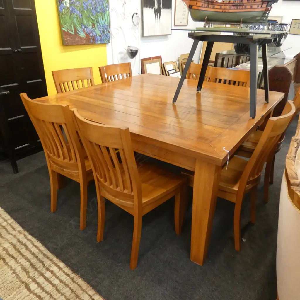 LARGE SQUARE DINING TABLE WITH 8 HOBBS FURNITURE RIMU DINING CHAIRS 1500 MM SQUARE Image 1++