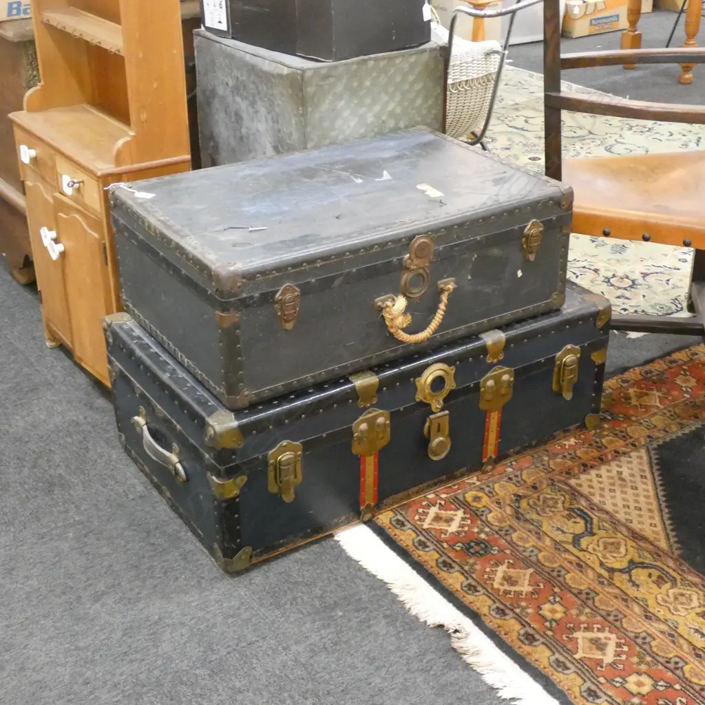 2 LARGE METAL BOUND TRAVELLING TRUNKS SOME DAMAGE L 900 MM Image 1++