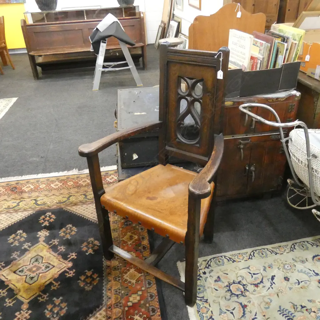 C1910 GOTHIC STYLE HIGHBACK ARM CHAIR LEATHER SEAT Image 1++