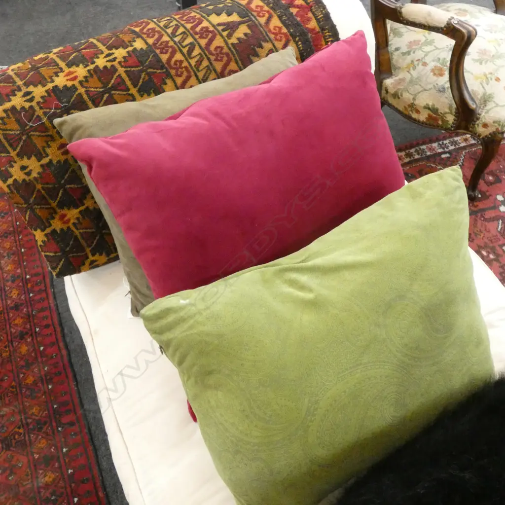 3 SUEDE LIKE CUSHIONS - RED / GREEN / TAN Image 1++