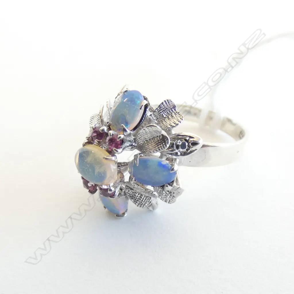 14CT WHITE GOLD OPAL AND RUBY PRINCESS RING Image 1++