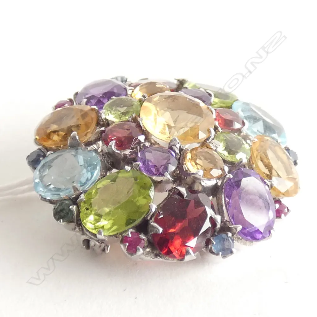 VINTAGE SILVER & COLOURED GEMSTONE PENDANT BROOCH Image 1++