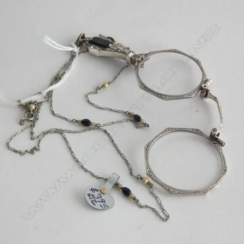 ANTIQUE OPERA LORGNETTE GLASSES WITH MARCESITE & ONYX + CHAIN Image 1++