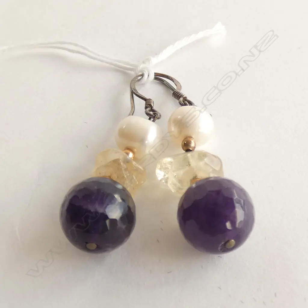 AMETHYST, PEARL & QUARTZ CRYSTAL DROP EARRINGS Image 1++