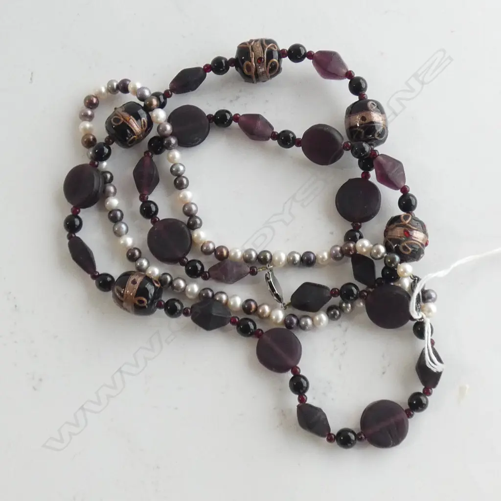 2 PURPLE NECKLACES; LAMPWORK BEADS & PEARL Image 1++