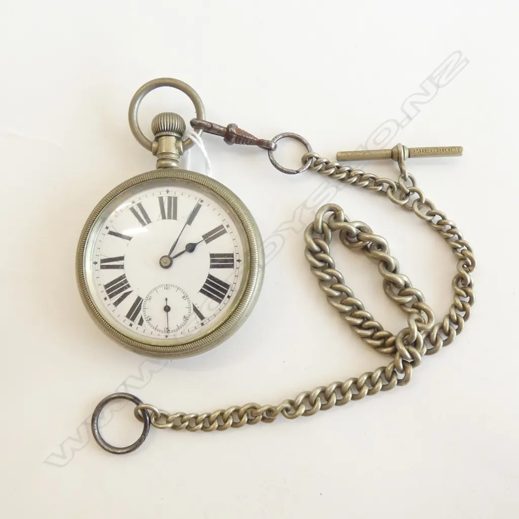 VINTAGE POCKET WATCH & CHAIN WITH WOODEN STAND Image 1++