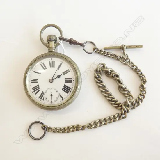 VINTAGE POCKET WATCH & CHAIN WITH WOODEN STAND