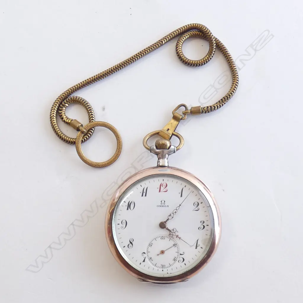 VINTAGE OMEGA POCKET WATCH  & CHAIN WITH GOLD GILDED GLASS STAND Image 1++