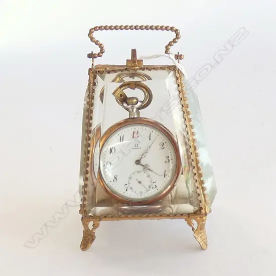 VINTAGE OMEGA POCKET WATCH  & CHAIN WITH GOLD GILDED GLASS STAND