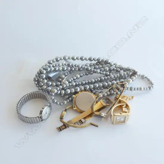 TRIPLE STRING FAUX PEARLS & ASST WRISTWATCHES