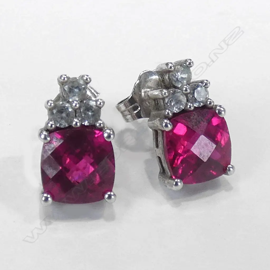 PR SILVER CZ & RED STONE EARRINGS Image 1++