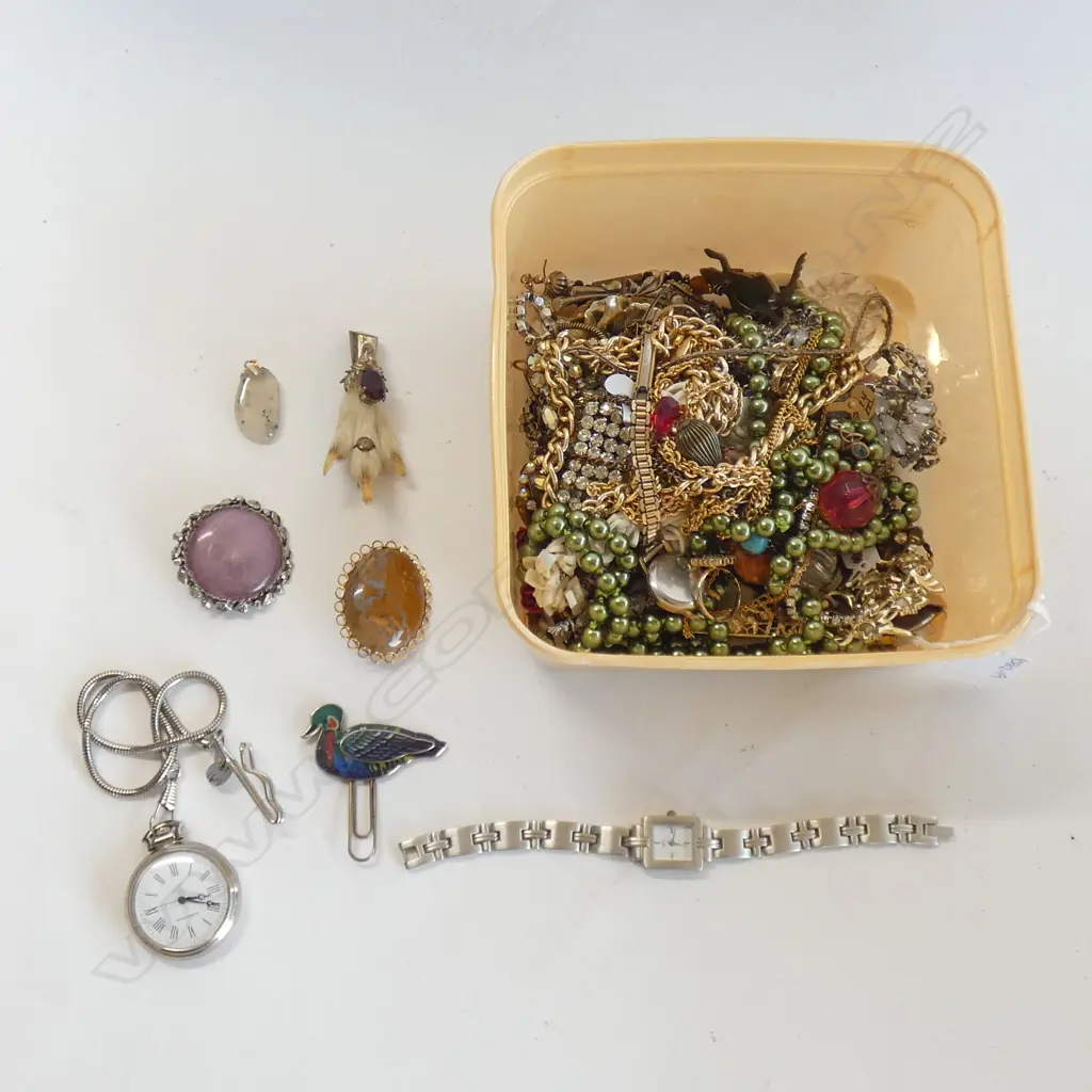 BOX LOT COSTUME JEWELLERY, WATCHES, HARES FOOT BROOCH ETC Image 1++