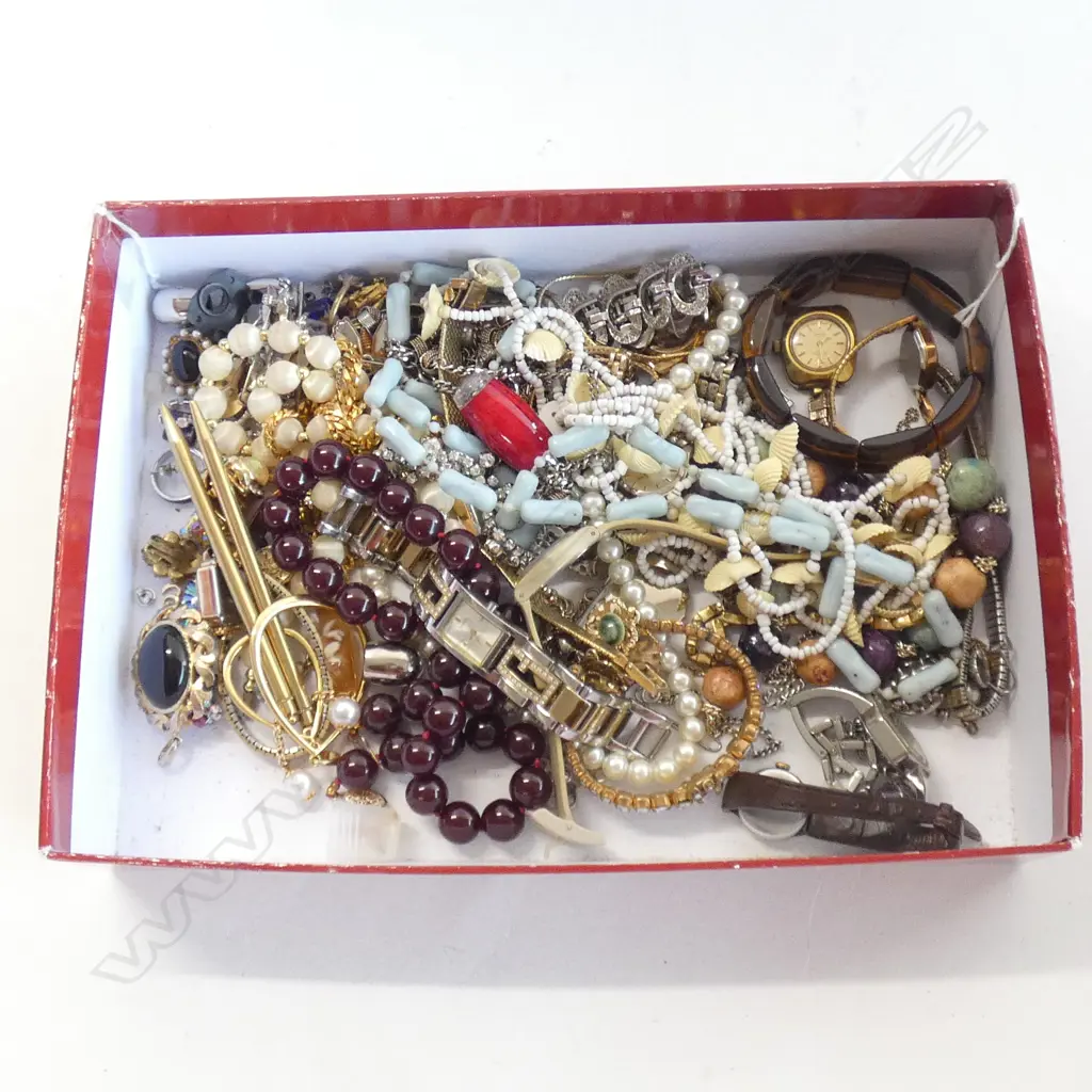 BOX OF COSTUME JEWELLERY, WATCHES ETC Image 1++