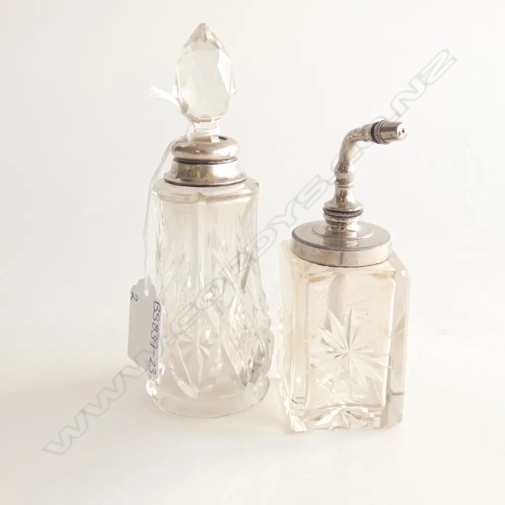 VINGTAGE CUT GLASS PERFUME ATOMISER (H 112MM) & STG SILVER COLLARED SCENT BOTTLE & STOPPER A/F (H142MM) Image 1++