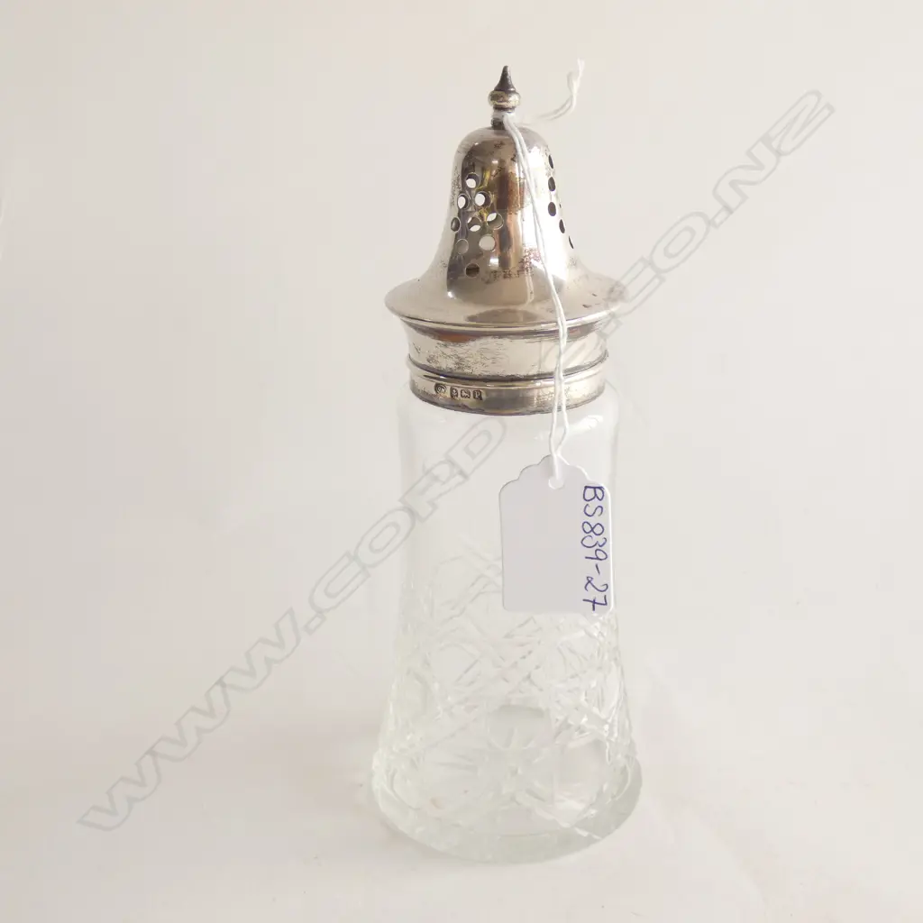 STG SILVER & CUT GLASS SUGAR SIFTER H. 185MM BIRMINGHAM 1914/39  Image 1++