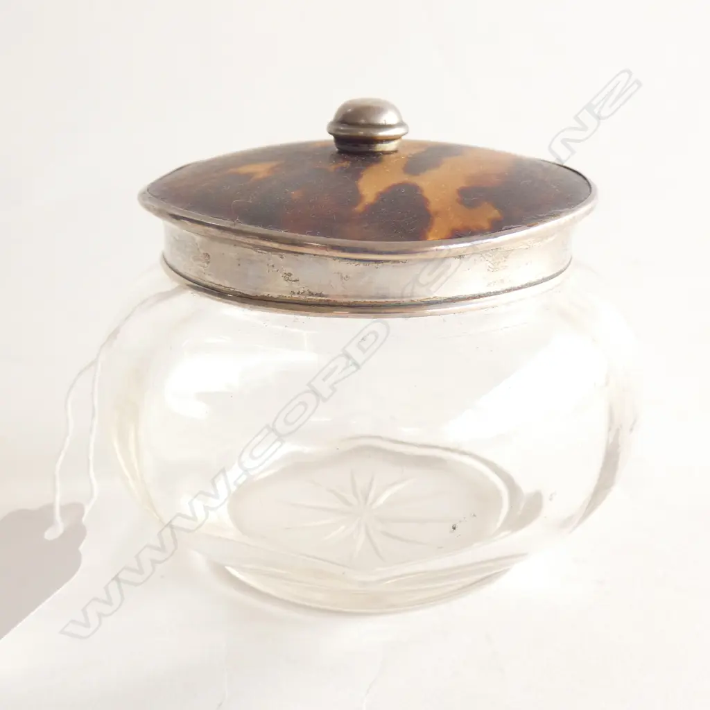 STG SILVER & TORTOISESHELL LIDDED GLASS DRESSING TABLE CONTAINER C 1894 DIA 95MM Image 1++