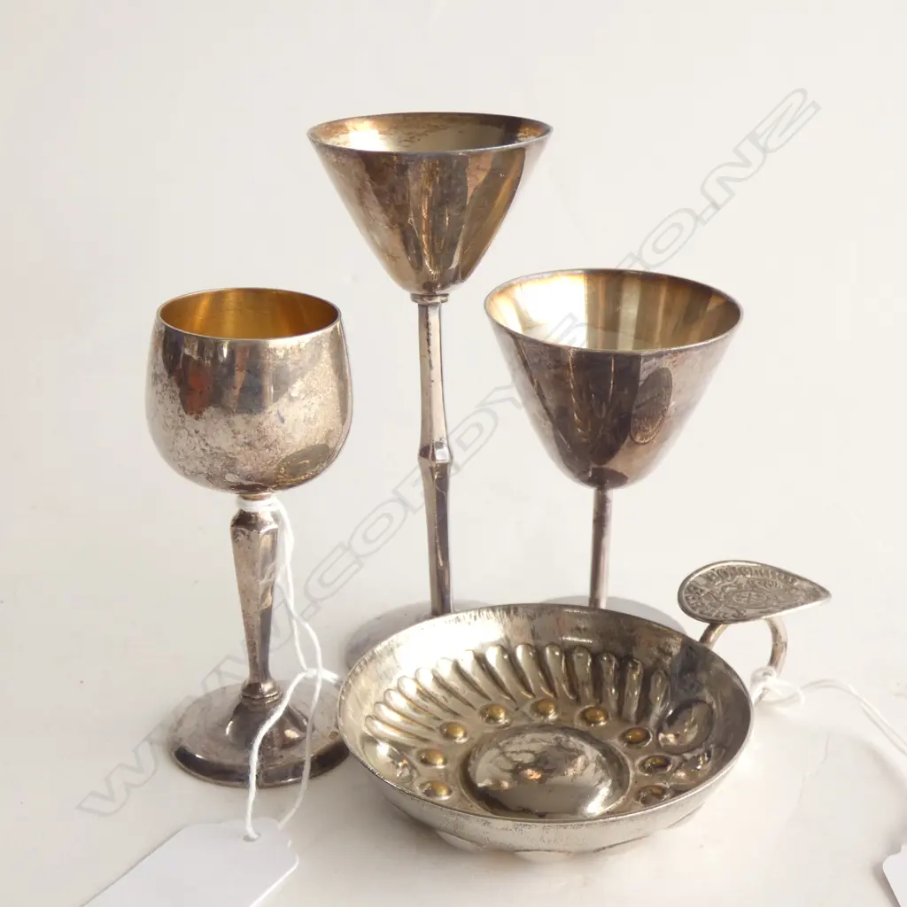 OLD SILVER PLATE; WINE TASTING CUP + 3 ASST SM STEMMED CUPS Image 1++