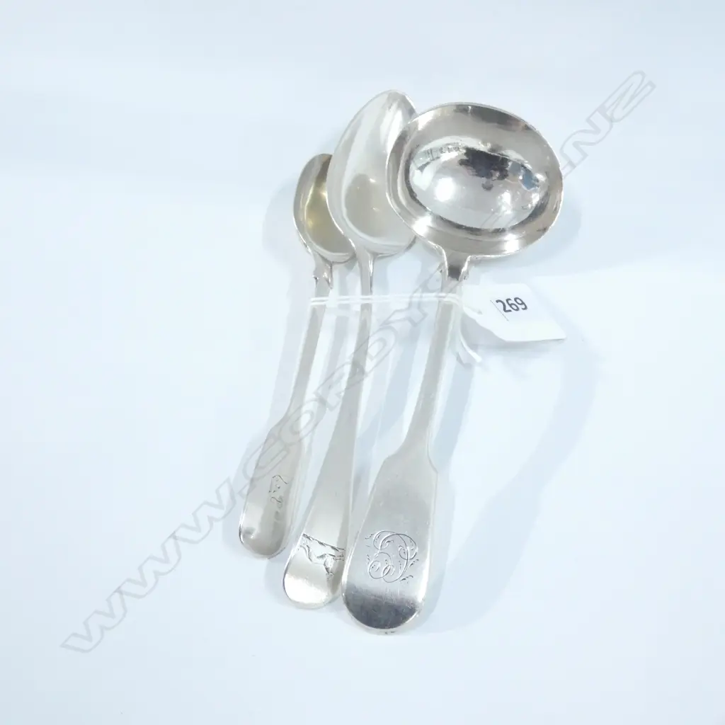 STG SILVER; TEASPOON, DESSERTSPOON & SAUCE LADLE - VARIOUS HALLMARKS C1800'S  110GMS  Image 1++