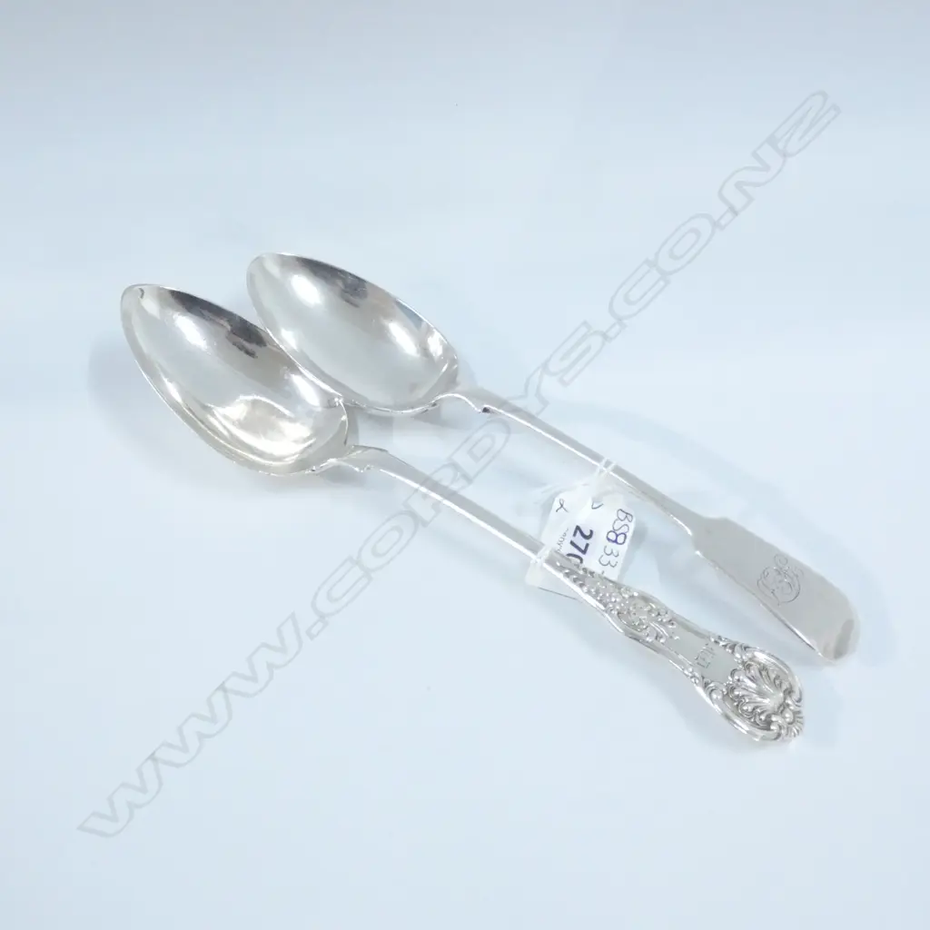 2 STG SILVER TABLESPOONS BOTH LATE 1800'S 157GMS Image 1++