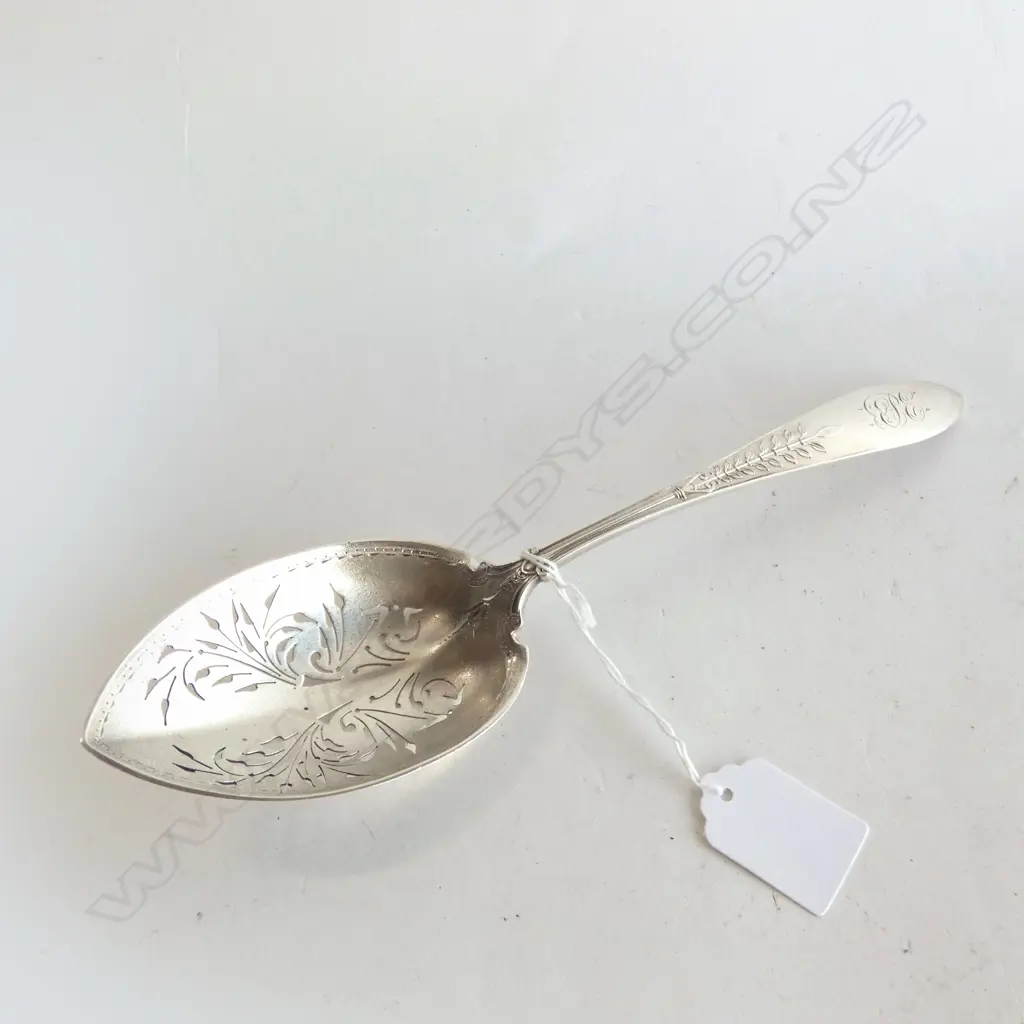 STERLING SILVER DECORATIVE SLOTTED SERVING SPOON - L 250MM 83GMS  Image 1++