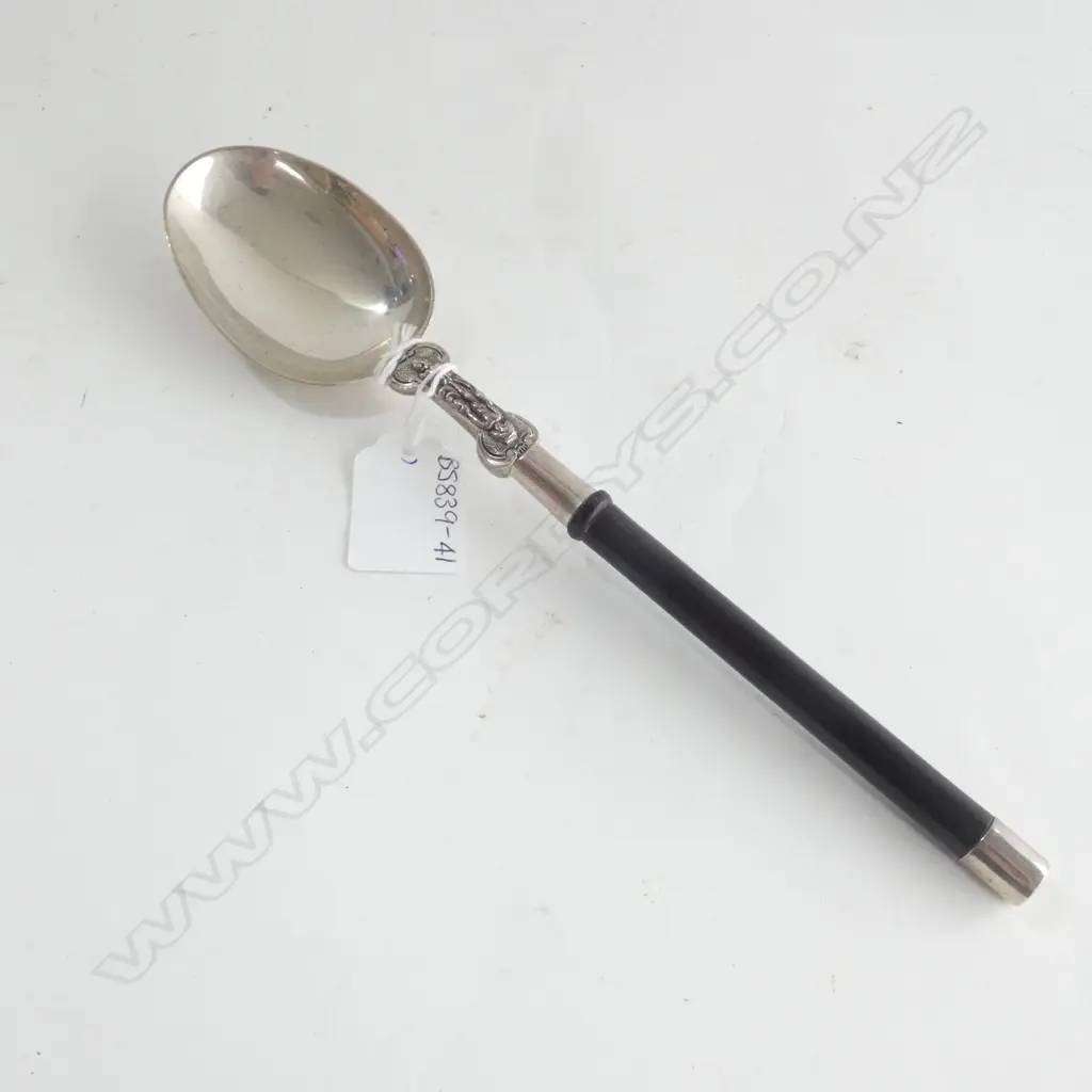 STG SILVER SPOON W EBONY (?) HANDLE LONDON 1873 TOTAL WGT 77GMS  Image 1++