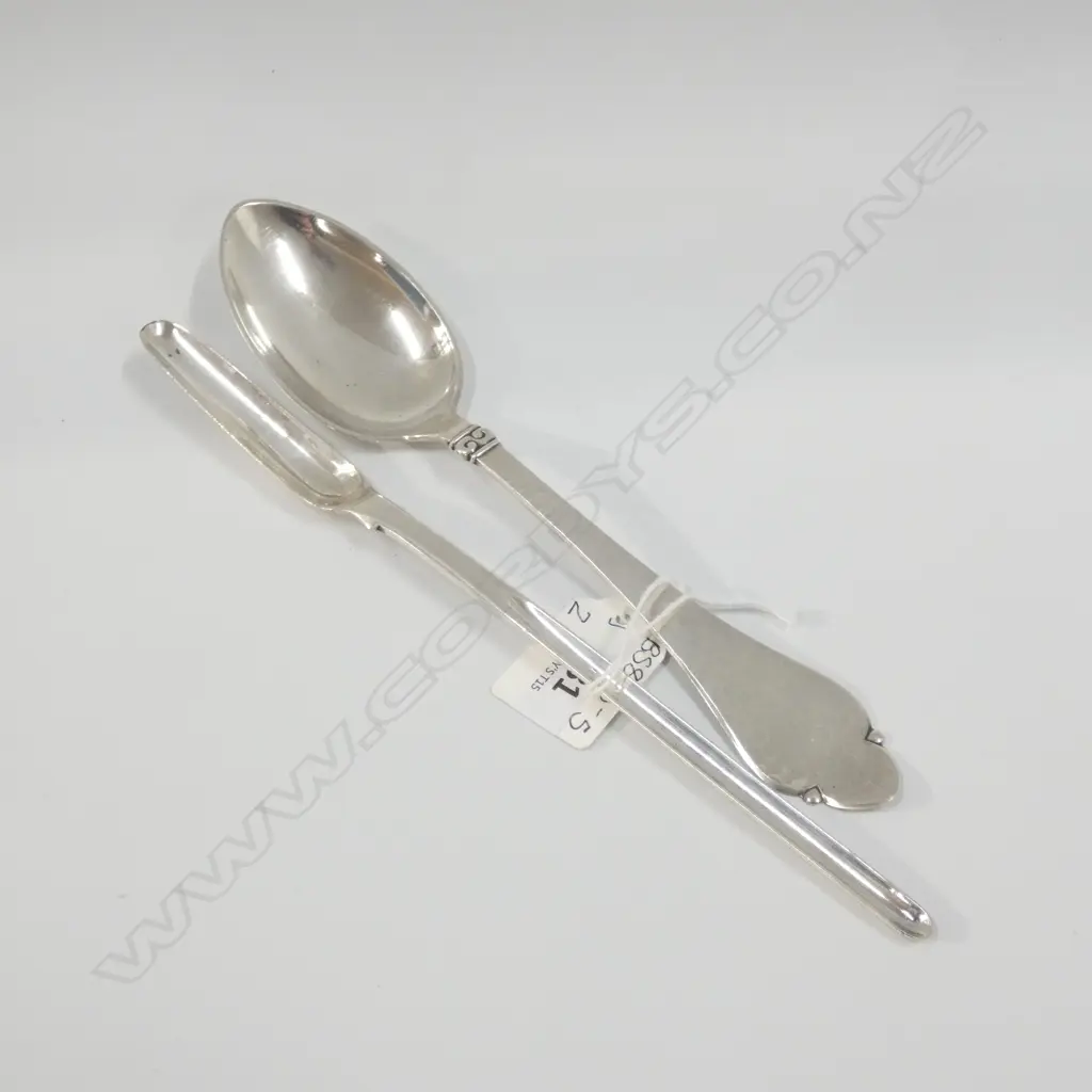 DANISH STG SILVER DESSERTSPOON C1947  41GMS + OLD SILVER PLATE MARROW SCOOP Image 1++