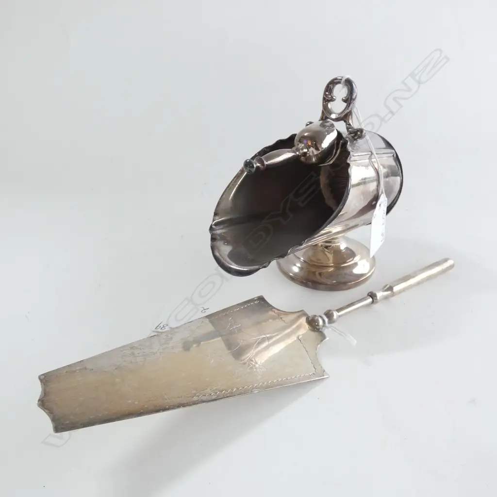 VINTAGE SILVER PLATE SUGAR SCUTTLE & SCOOP + CAKE SERVER Image 1++