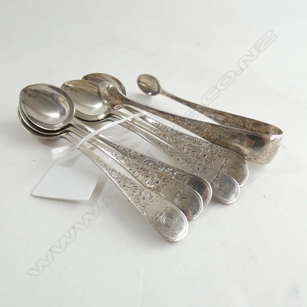 SET 6 STG SILVER COFFEE SPOONS & SUGAR TONGS  SHEFFIELD 1946 78GMS Image 1++
