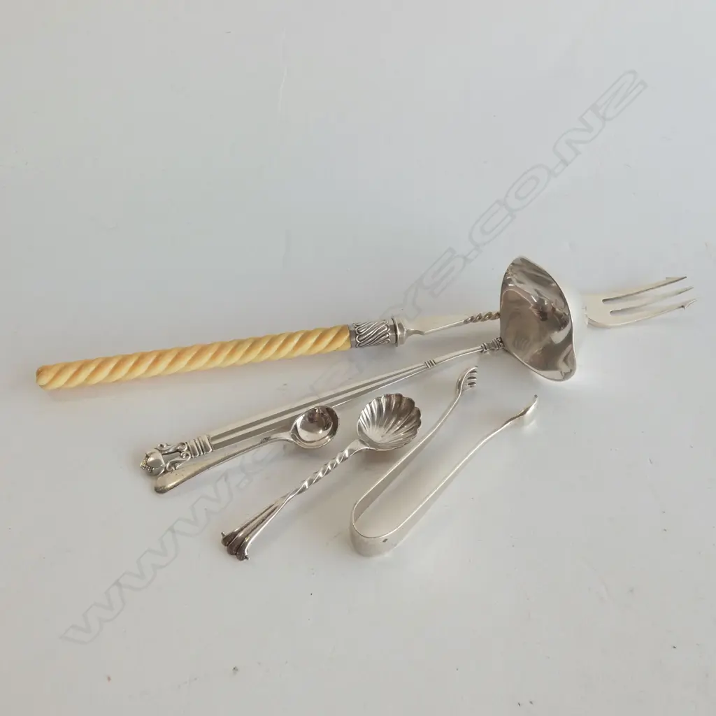 BAG STG SILVER; SAUCE LADLE / SUGAR TONGS / 2 MUSTARD SPOONS & PICKLE FORK W BONE HANDLE   Image 1++
